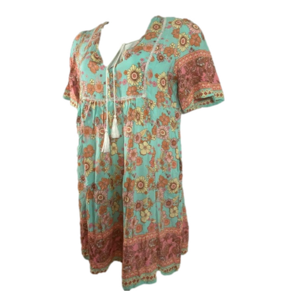 Boho Floral Print Tassel V-Neck Sleeve Smock Mini swim Coverup Dress SKU1101 - Picture 5 of 9